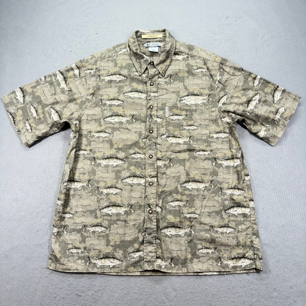 Columbia River Lodge Shirt Mens L Brown Fish Print Button Down